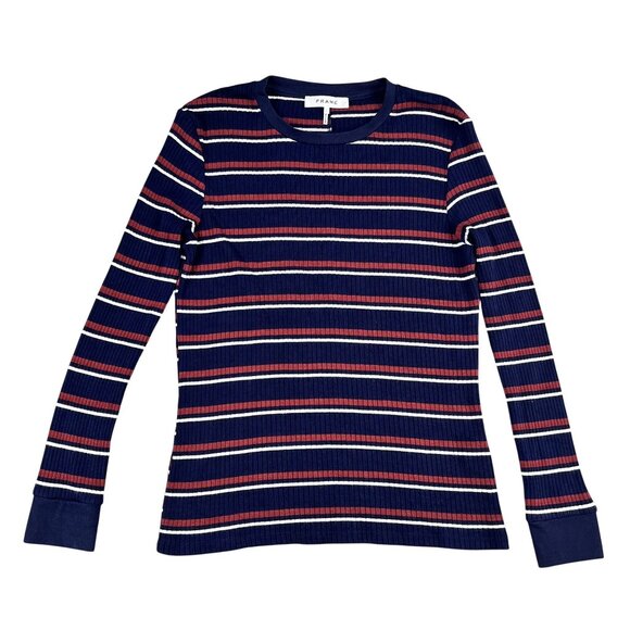 Frame Denim Womens Ruched Red & Navy Striped Rib Knit Sweater Sz Large - Picture 1 of 4